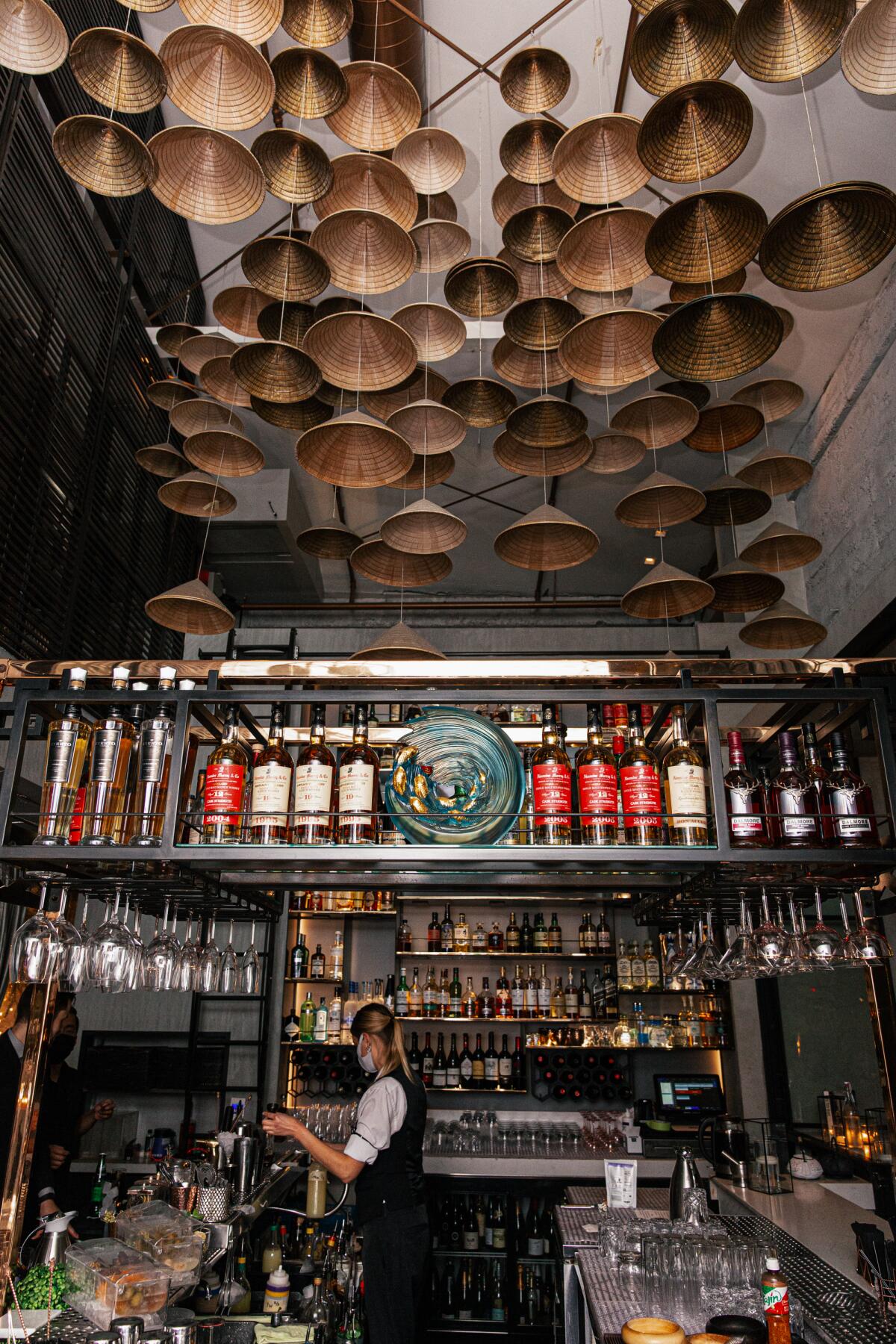 A vertical photo of Anna May Bar. Overhead, hanging baskets decorate the space.