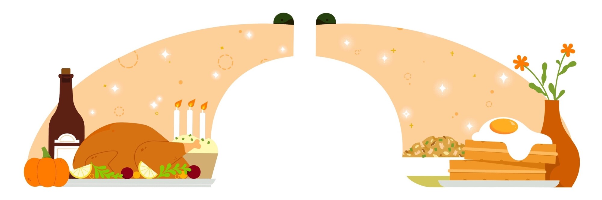 Illustration depicting Thanksgiving dinner becoming a breakfast of leftovers.