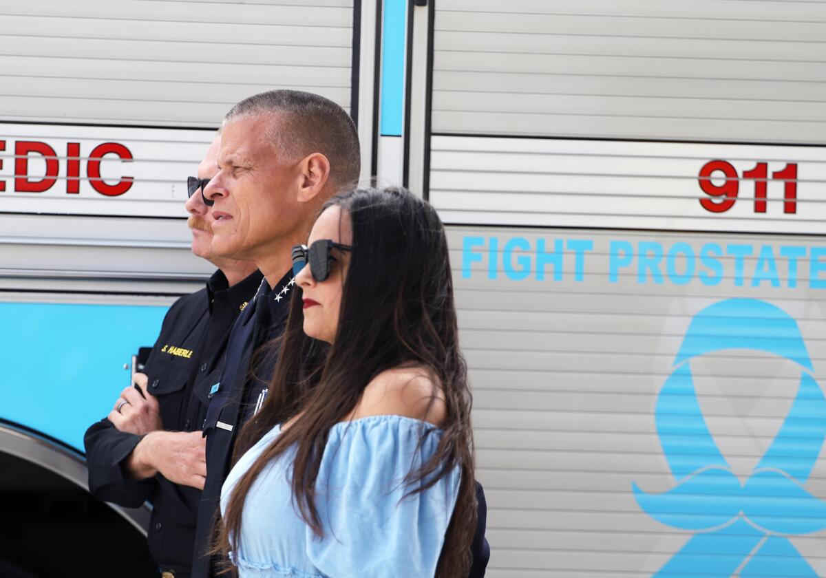 Huntington Beach Mayor Gracey Van Der Mark, Police Chief Eric Parra and Fire Chief Scott Haberle.