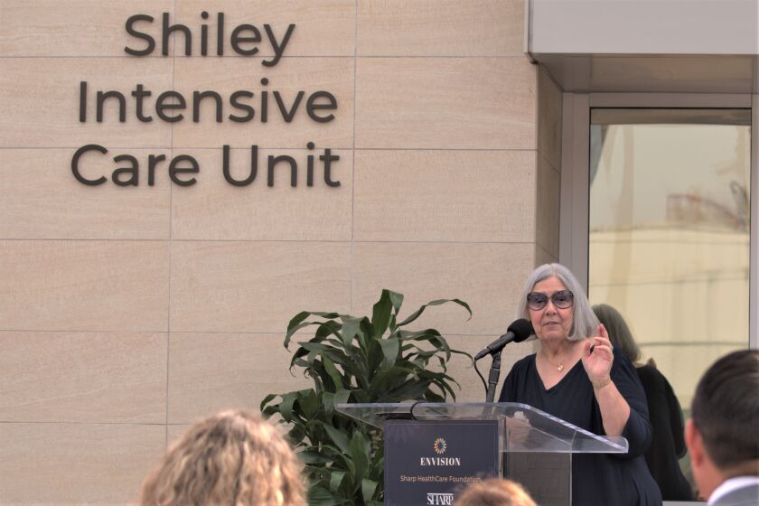 Darlene Shiley, president The Shiley Foundation, addresses a crowd.