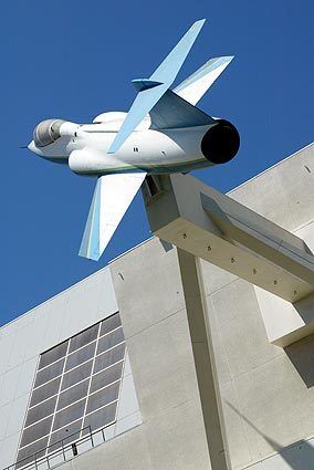 The jet affixed to the side of the California Science Center Air and Space Gallery in Los Angeles, another Gehry-designed building.
