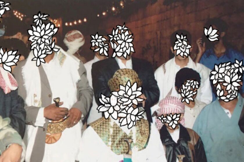 photo collage of a group of people with illustrations of white flowers covering their faces