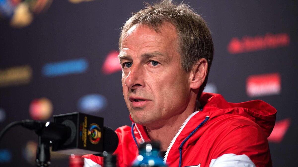 U.S. Coach Juergen Klinsmann talks to reporters in Philadelphia on Friday in advance of the final Copa America group game against Paraguay.