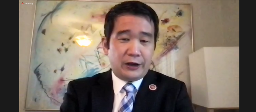 State Sen. Dave Min speaks during Thursday morning's virtual event put on by the Huntington Beach Chamber of Commerce.