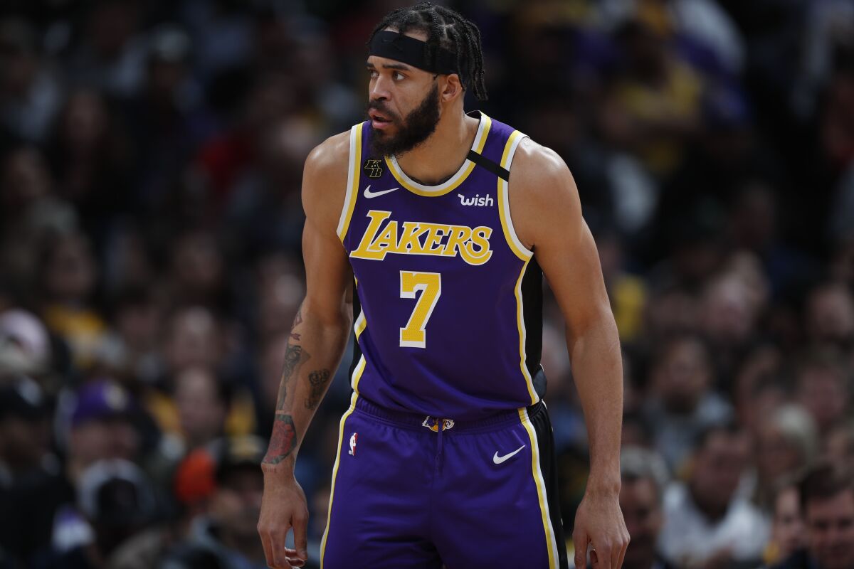 Los Angeles Lakers center JaVale McGee is pictured Feb. 12, 2020, in Denver.