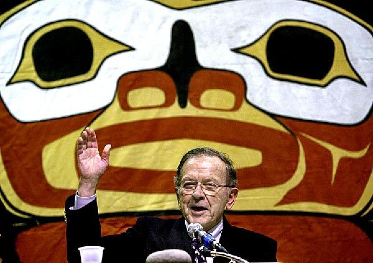 Sen. Ted Stevens thanks the Alaska Native people after giving his congressional report to the Alaska Federation of Natives convention in Anchorage in 2004.