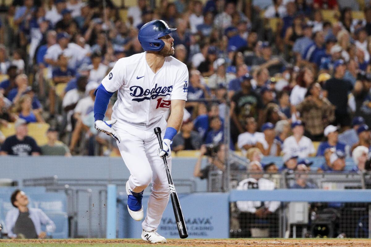 Dodgers' Joey Gallo looks up after hitting a three-run home run during the seventh inning against the Minnesota Twins