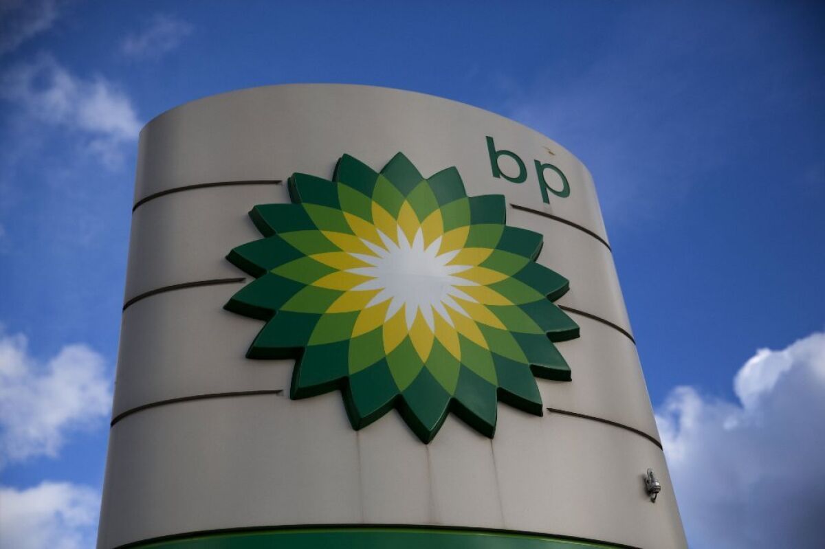A BP logo at a gasoline station in Buckinghamshire, England.