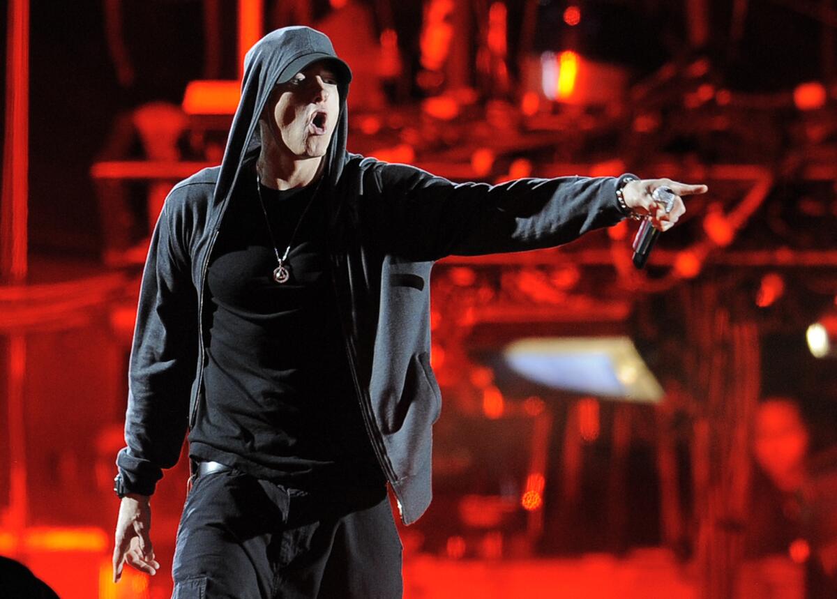 In this April 15, 2012 file photo Eminem performs at the 2012 Coachella Valley Music and Arts Festival in Indio, Calif.