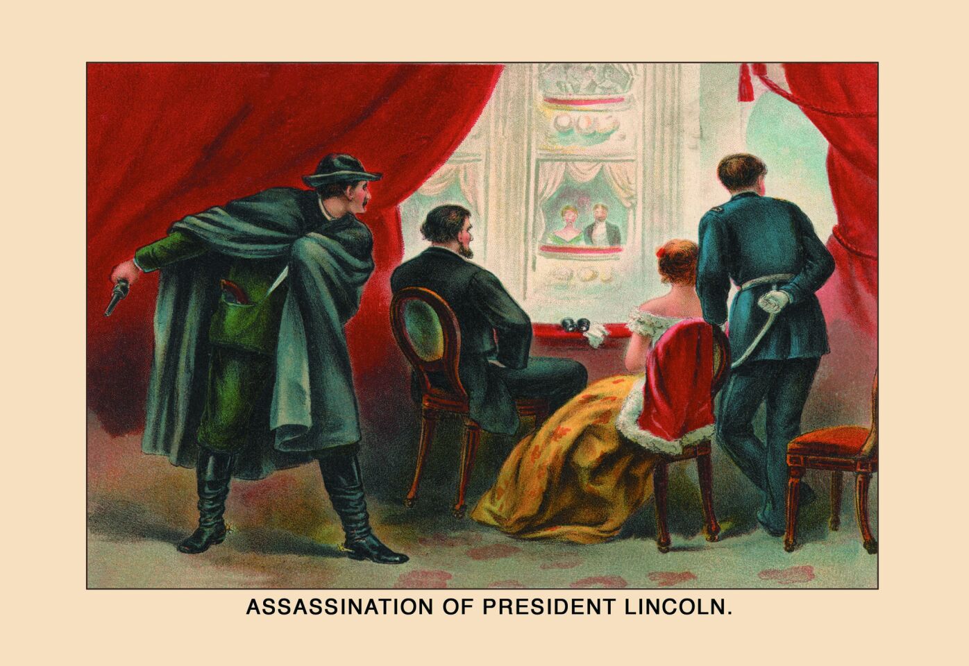 A circa 1900 postcard depicting the 1865 assassination of President Lincoln.
