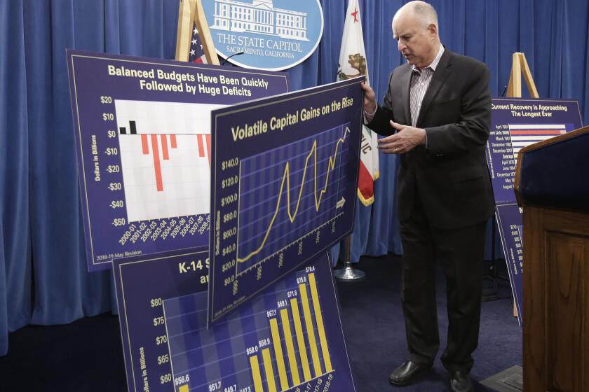 Gov. Jerry Brown removes one chart to display another while discussing his revised 2018-19 state budget at a Capitol news conference Friday, May 11, 2018, in Sacramento, Calif. Brown proposed a $137.6 billion general fund budget, up nearly $6 billion from his earlier proposal in January. (AP Photo/Rich Pedroncelli)