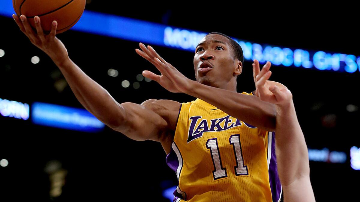 Lakers forward Wesley Johnson puts up a shot during a game against the San Antonio Spurs in November.