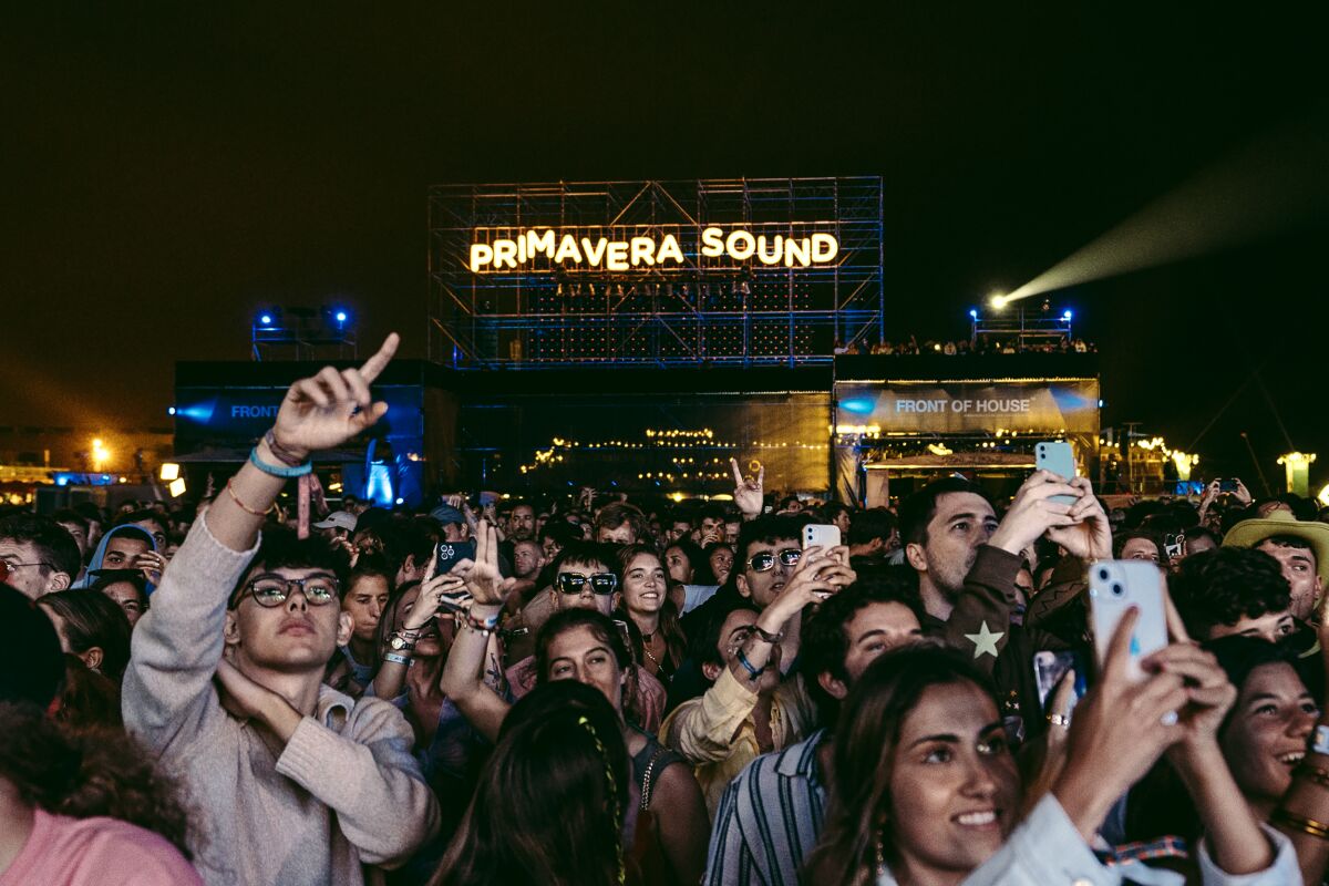 Music fans at an outdoor festival in the evening