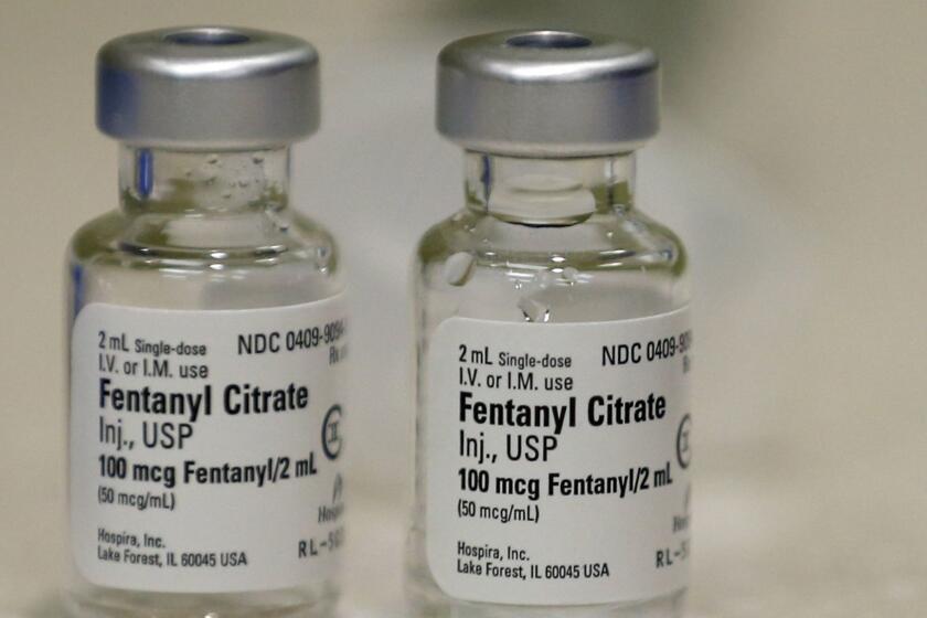In this Friday, June 1, 2018, photo, small vials of fentanyl are shown in the inpatient pharmacy at the University of Utah Hospital in Salt Lake City. Amid the nation's opioid epidemic, hospitals are struggling to get widely used injected pain medicines because of ongoing supply shortages. The shortages affect just about every corner of the hospital, from the operating room and emergency department. (AP Photo/Rick Bowmer)
