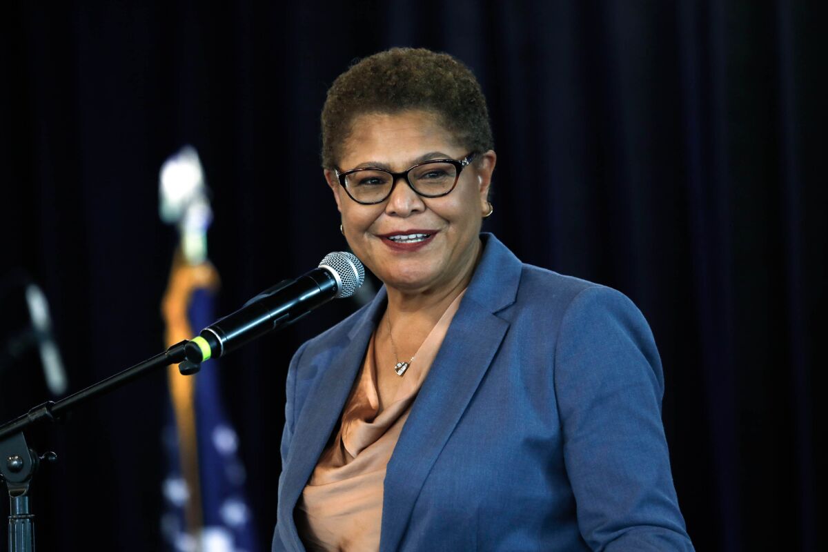 Rep. Karen Bass speaks to supporters at the kickoff to her campaign for mayor in Los Angeles