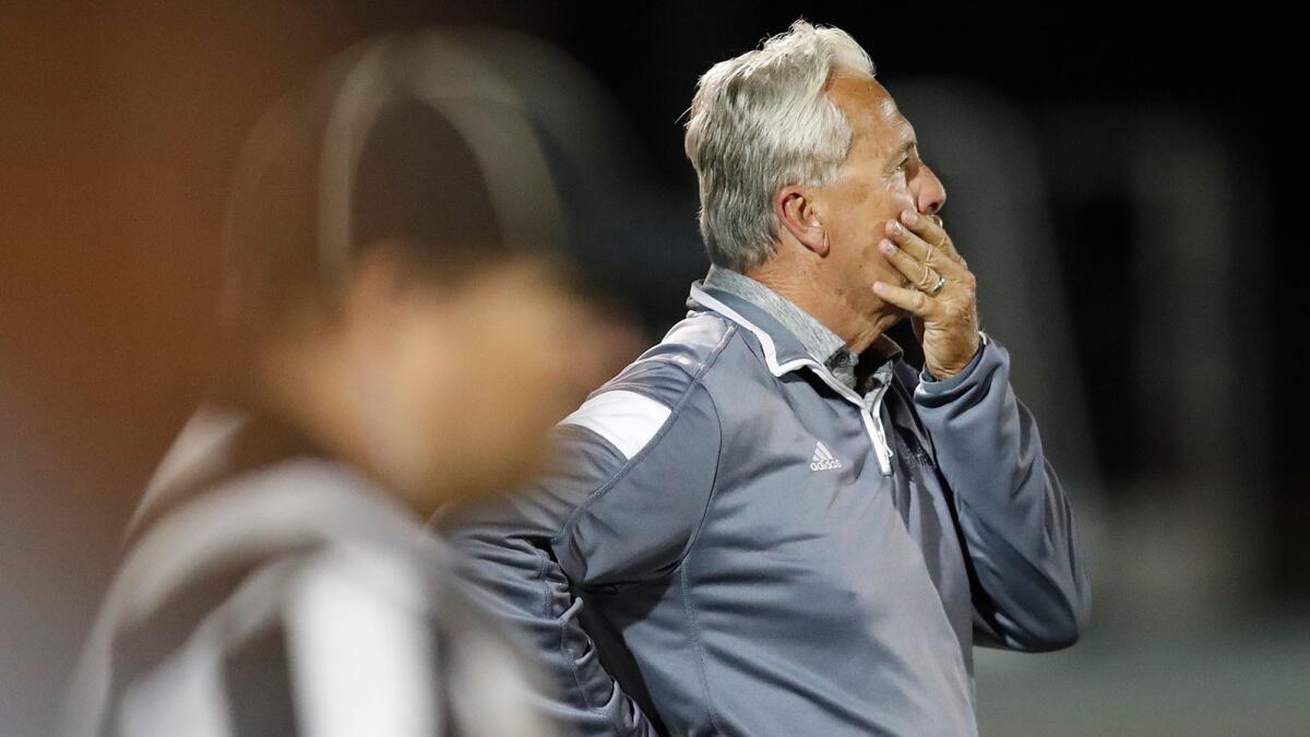 Newport Harbor's head coach Jeff Brinkley is seen in a September game against Cathedral.