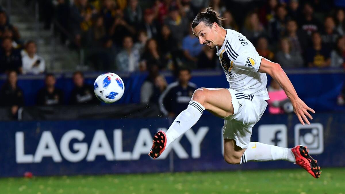 The Galaxy's Zlatan Ibrahimovic scores a disallowed goal in the second half against the New York Red Bulls on April 28.