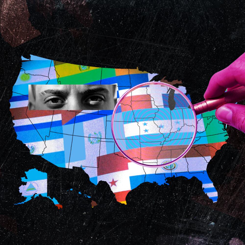 An illustration showing a magnifying glass over a map of the United States covered with flags