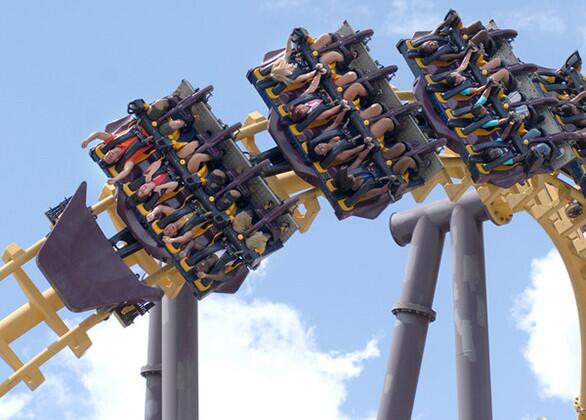 The 2001 Batwing flying coaster at Six Flags Maryland navigates five inversions along a 3,300-foot-long track.