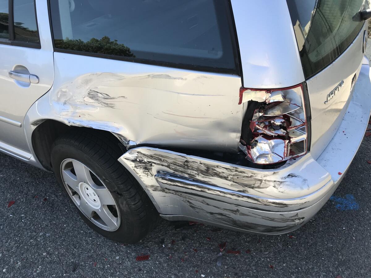 The damage to a parked car on El Tordo and Paseo Delicias.