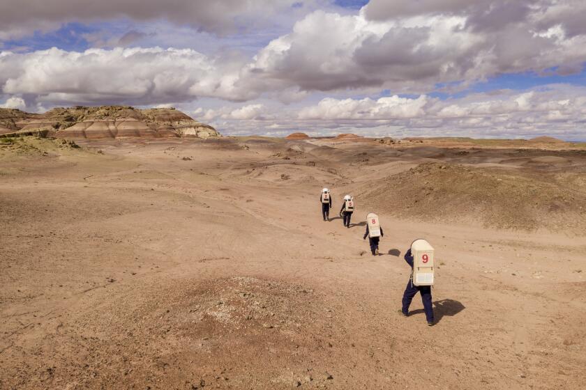 HANKSVILLE, UTAH -- FRIDAY, MAY 10, 2019: Members of MRDS Crew 212 walk out into the Utah desert to test a drone in pursuit of the technology, operations, and science required for human space exploration outside the Mars Desert Research Station near Hanksville, Utah, on May 10, 2019. (Brian van der Brug / Los Angeles Times)