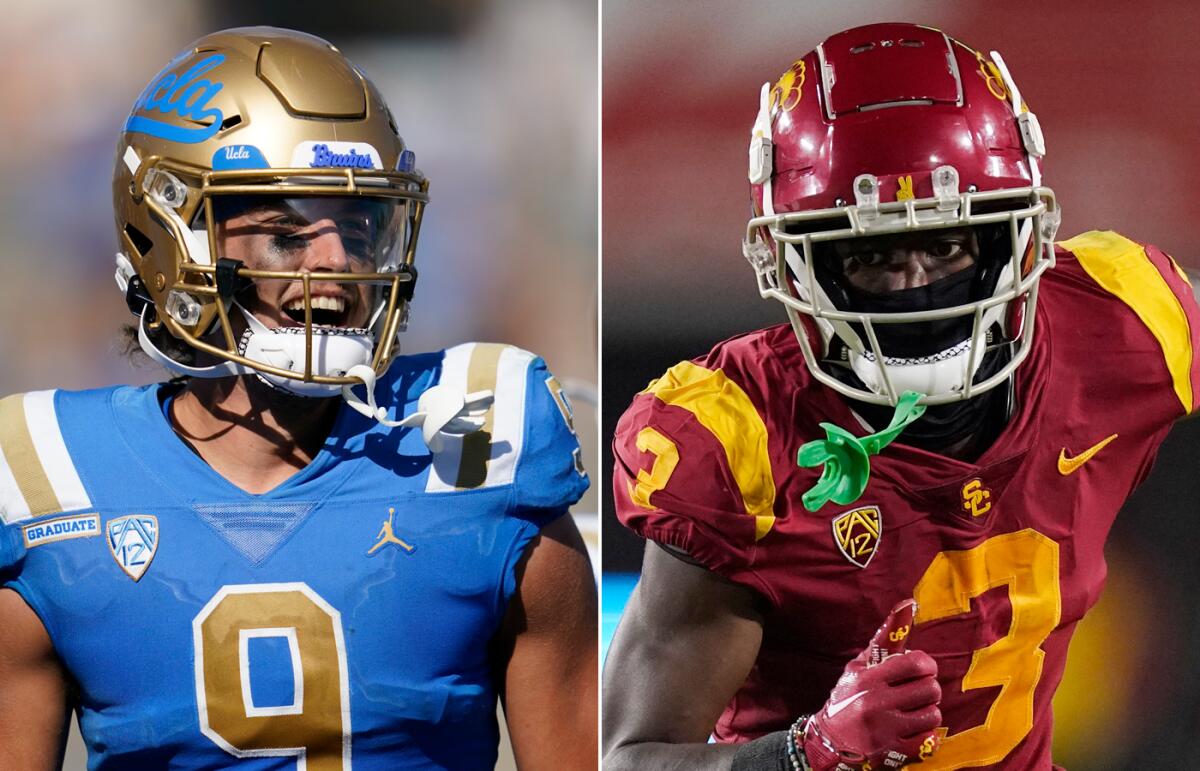 UCLA wide receiver Jake Bobo, left, and USC wide receiver Jordan Addison.