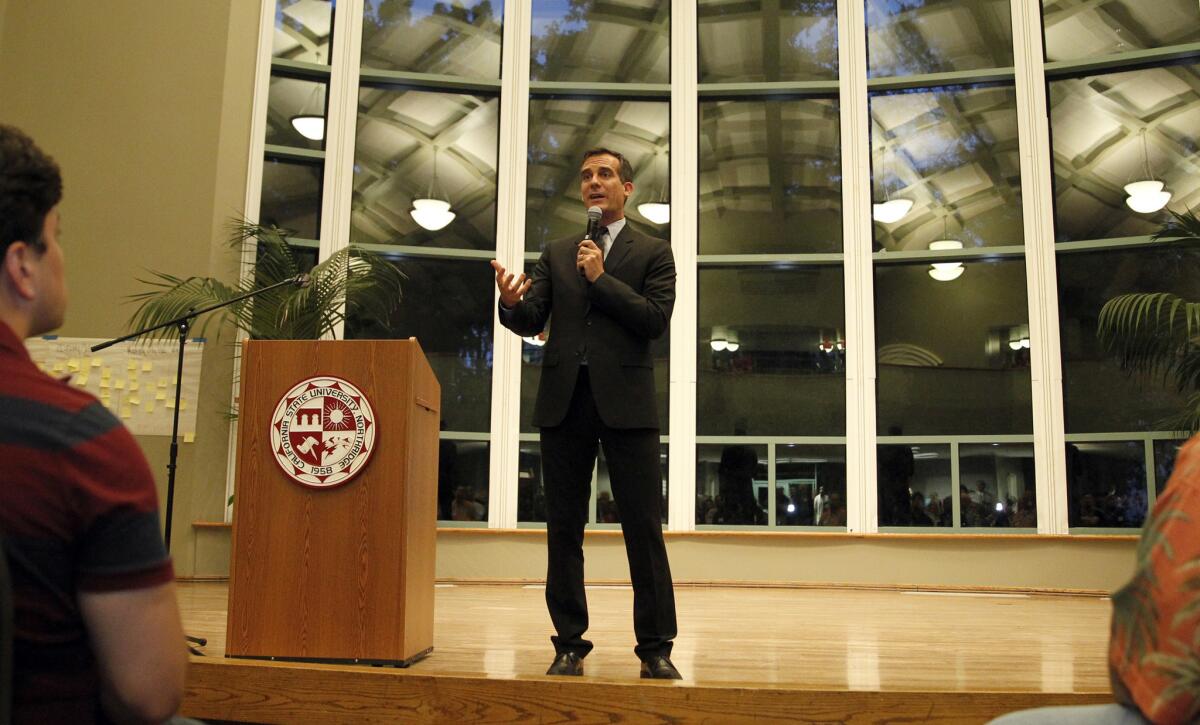 Mayor-elect Eric Garcetti speaks during a community meeting at Cal State University Northridge.