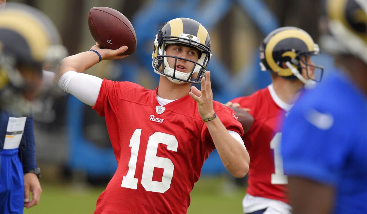 Rams quarterback Jared Goff passes during practice Tuesday in Oxnard.