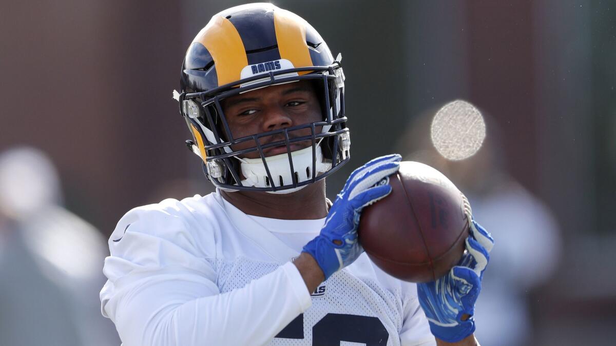 Rams linebacker Micah Kiser catches a ball during a practice on Feb. 1, 2019 ahead of Super Bowl LIII against the Patriots.