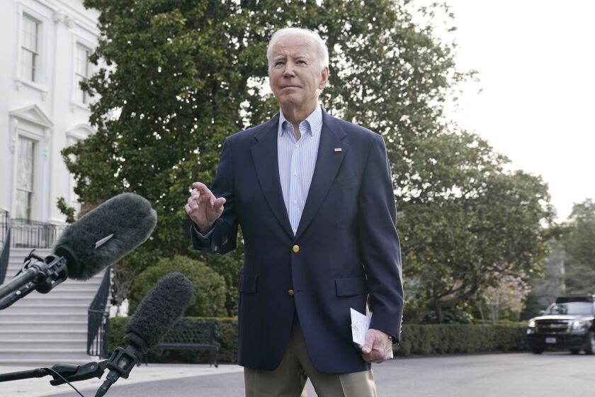 President Joe Biden talks with reporters on the South Lawn of the White House in Washington, Friday, March 31, 2023 before boarding Marine One. Biden is heading to Mississippi to survey damage from a recent tornado. (AP Photo/Susan Walsh)