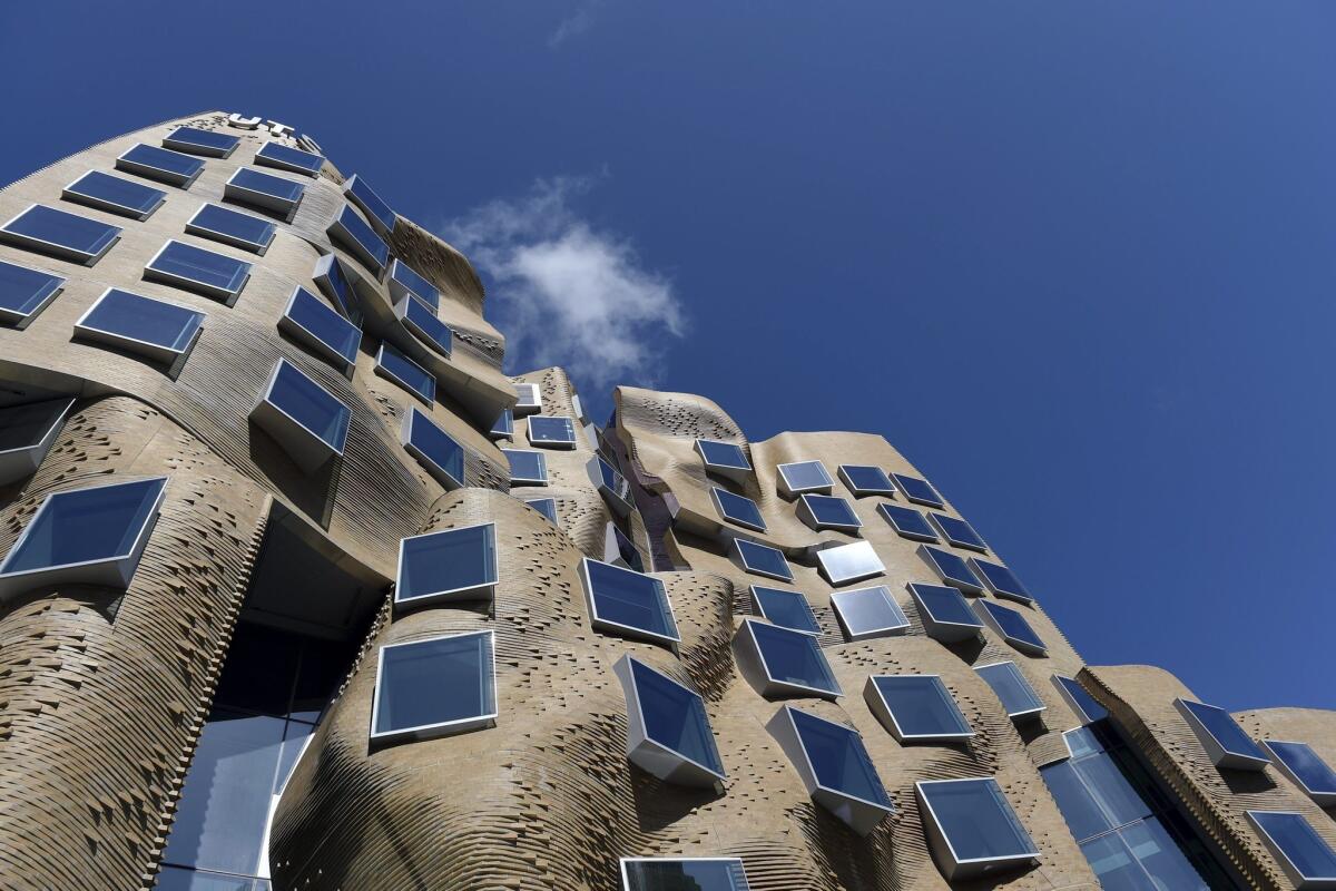 An exterior view of a new Frank Gehry-designed addition to the University of Technology in Sydney, Australia. The Dr Chau Chak Wing Building is the first by the L.A. architect in Australia.