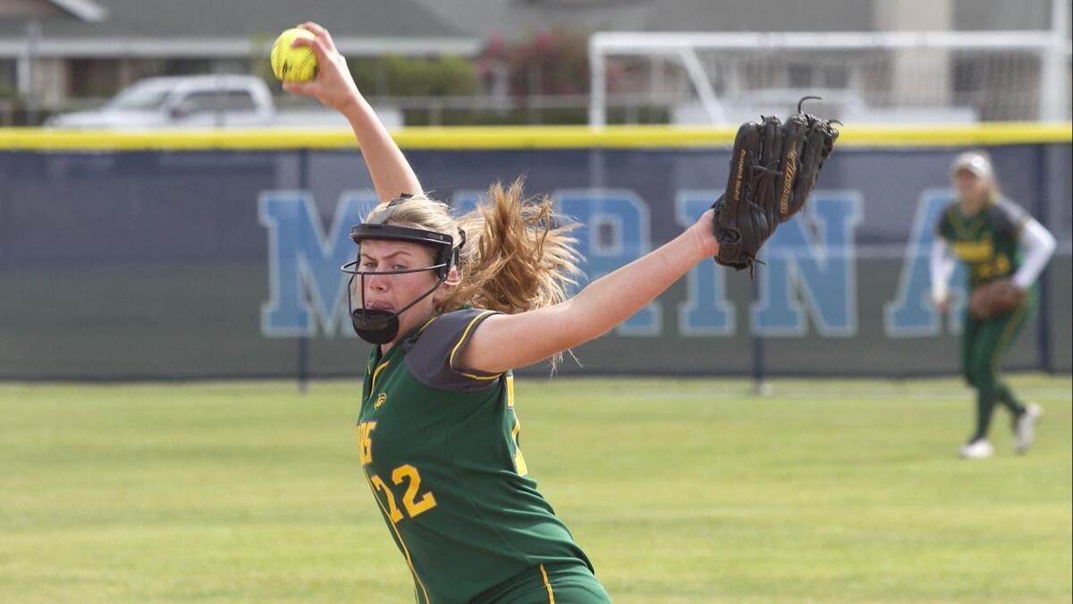 Jenna Bloom, shown pitching on May 9, 2017, struck out 14 in Edison High's 2-1 win at Cerritos in the first round of the CIF Southern Section Division 2 softball playoffs on Thursday.