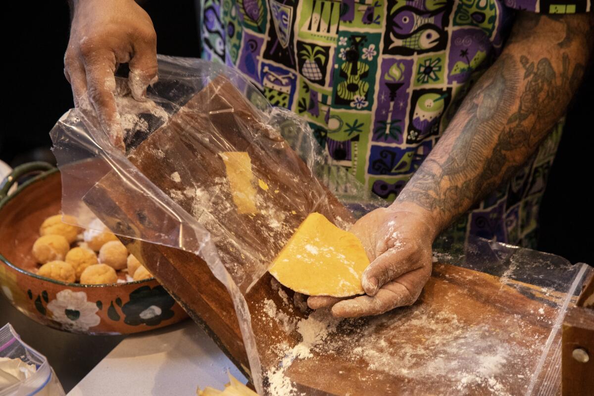 Chef Wes Avila making yam tortillas for drought-friendly vegetable tacos.