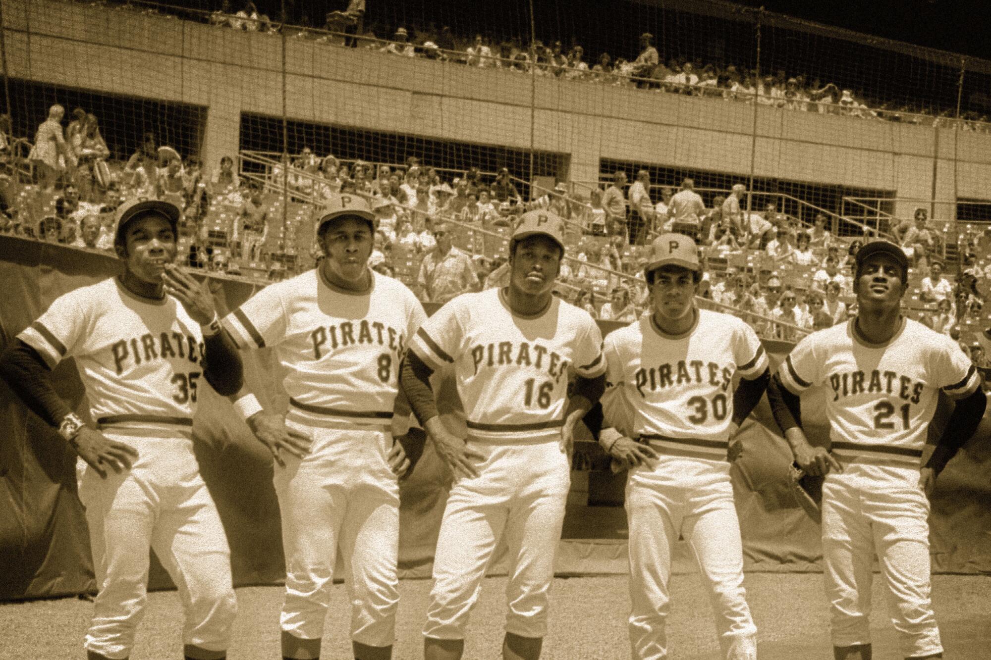 From left to right, Pittsburgh Pirates Manny Sanguillen, Willie Stargell, Al Oliver, Dave Cash and Roberto Clemente 