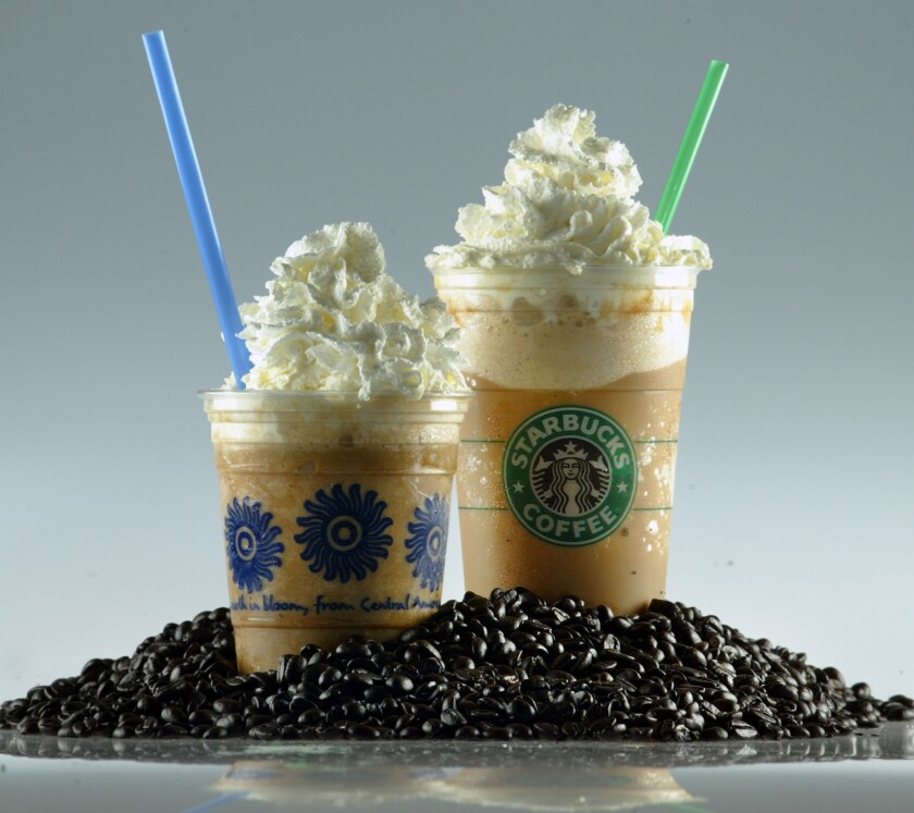 One Texas resident created the most expensive Starbucks drink ever with a 55-espresso-shot Frappuccino. Shown on the right is a Starbucks Frappuccino.