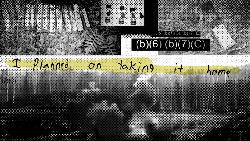 A photo illustration combining a defendant’s written statement in the case of explosives he stole from Camp Lejeune