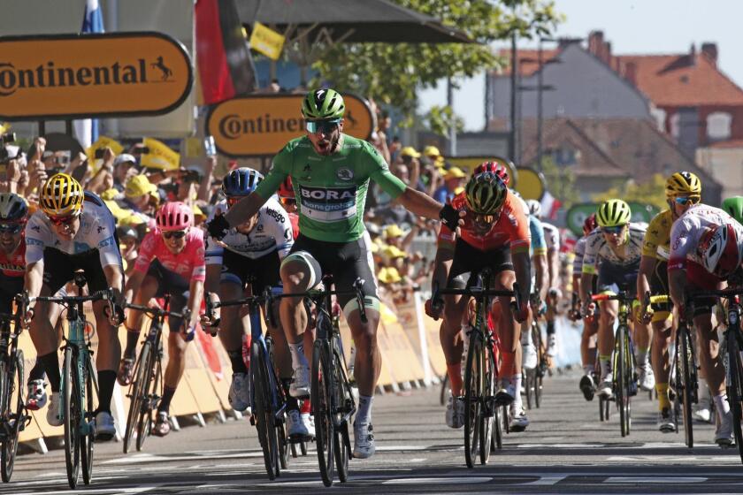 Mandatory Credit: Photo by YOAN VALAT/EPA-EFE/REX (10331576bl) Slovakia's Peter Sagan of Bora Hansgrohe team celebrates his win after crossing the finish line following the 5th stage of the 106th edition of the Tour de France cycling race over 175,5km between Saint Die des Vosges and Colmar, France, 10 July 2019. Tour de France 2019 - 5th stage, Colmar - 10 Jul 2019 ** Usable by LA, CT and MoD ONLY **