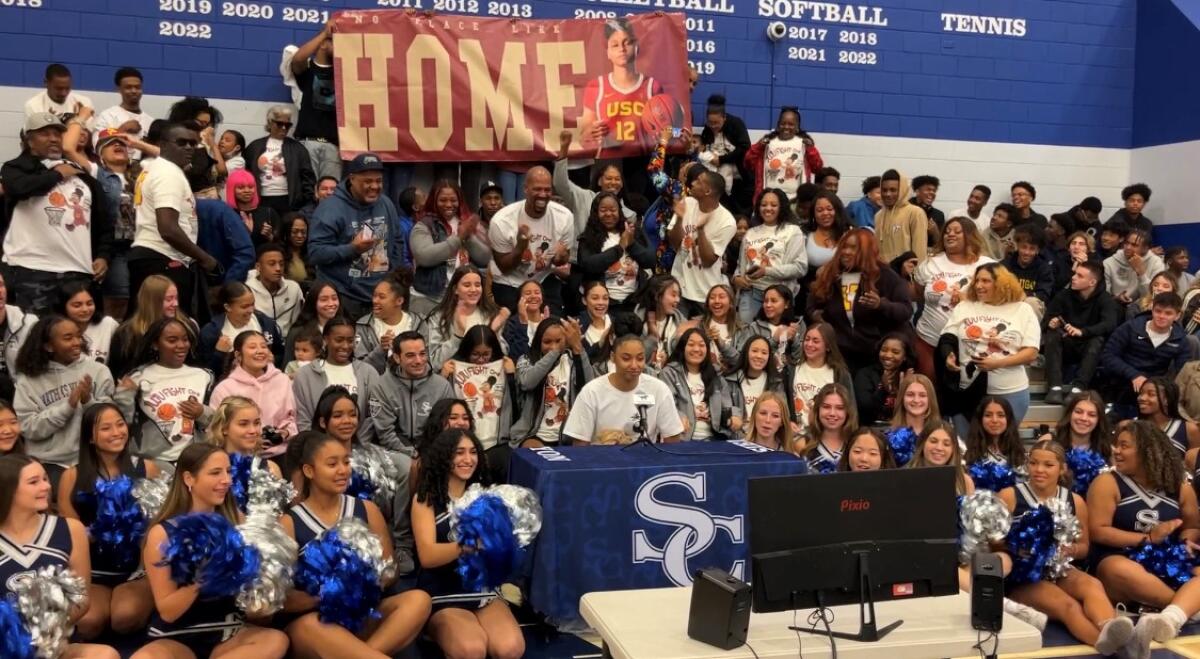 Sierra Canyon High star Juju Watkins announces she'll attend USC during a news conference Tuesday.