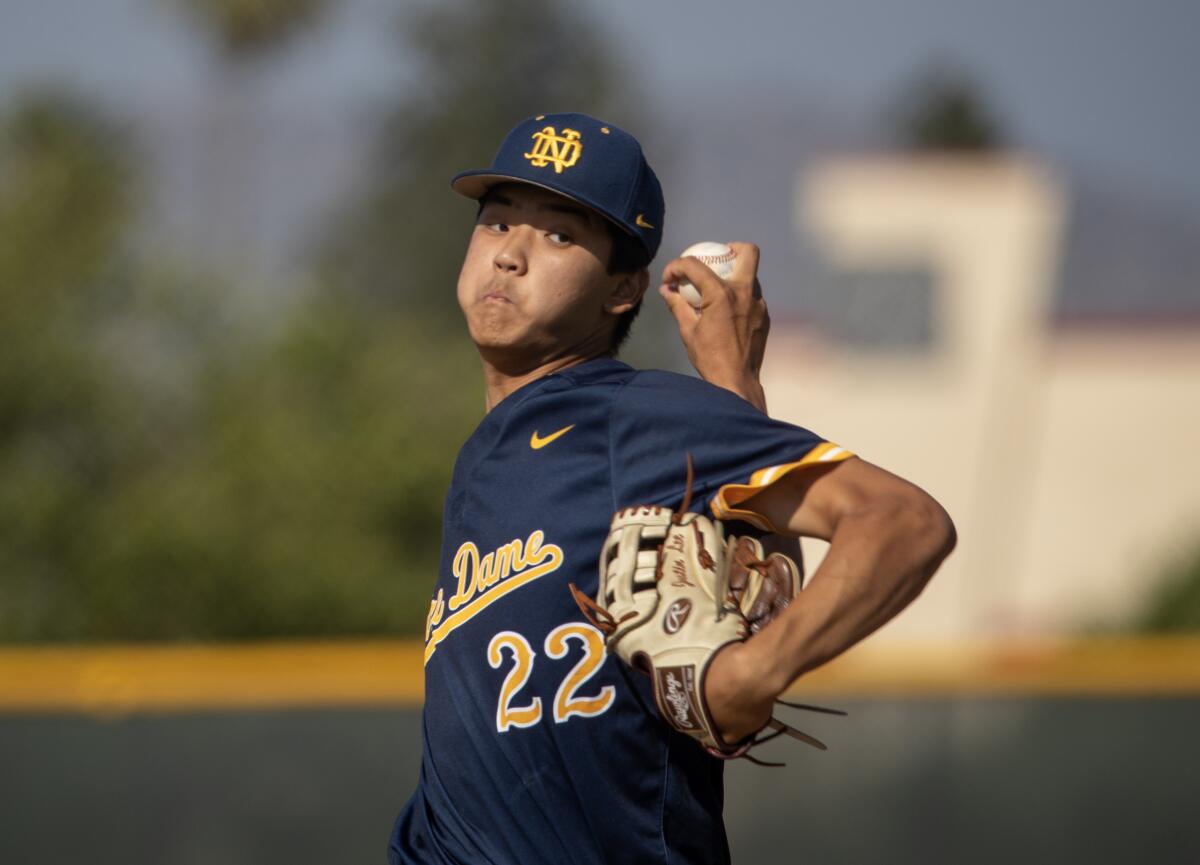 Notre Dame starter Justin Lee delivers a pitch against Corona on May 12, 2023.