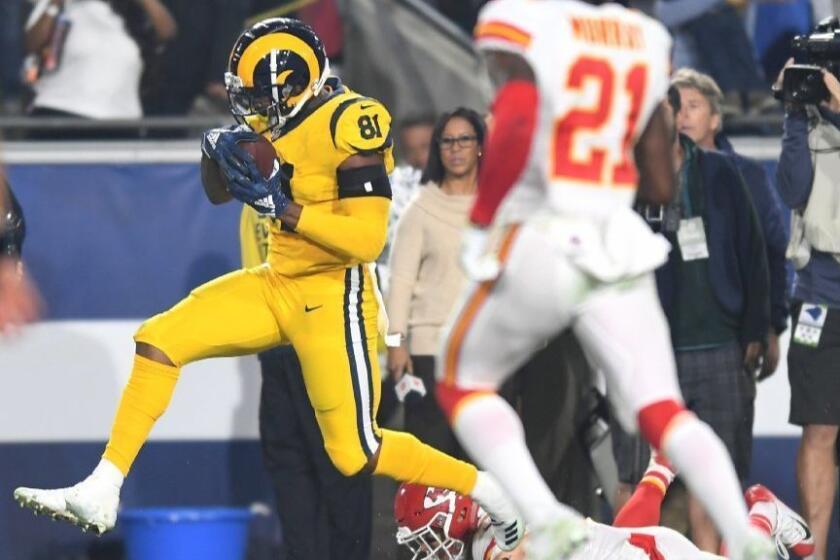 Rams tight end Gerald Everett scores the go-ahead touchdown against the Chiefs late in the fourth quarter.