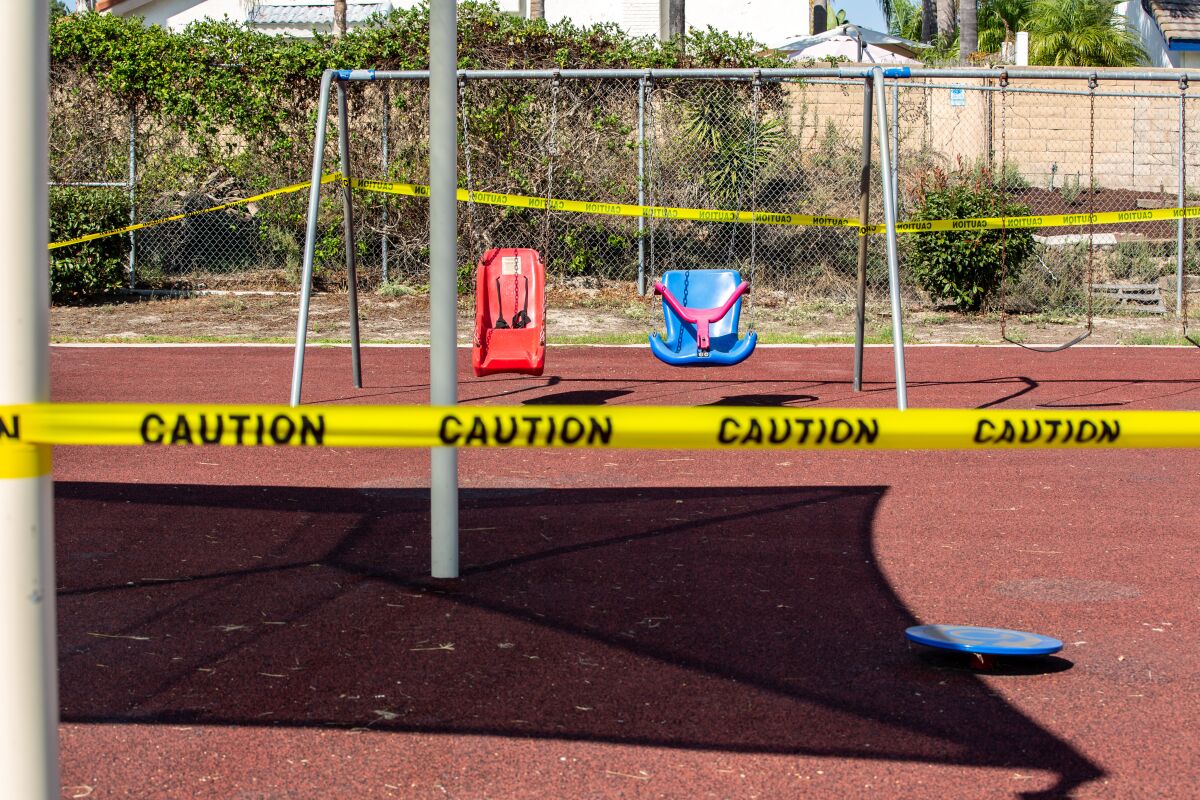 Playground equipment was wrapped in caution tape at T.H.E. Learning Academy in Vista in October 2020.