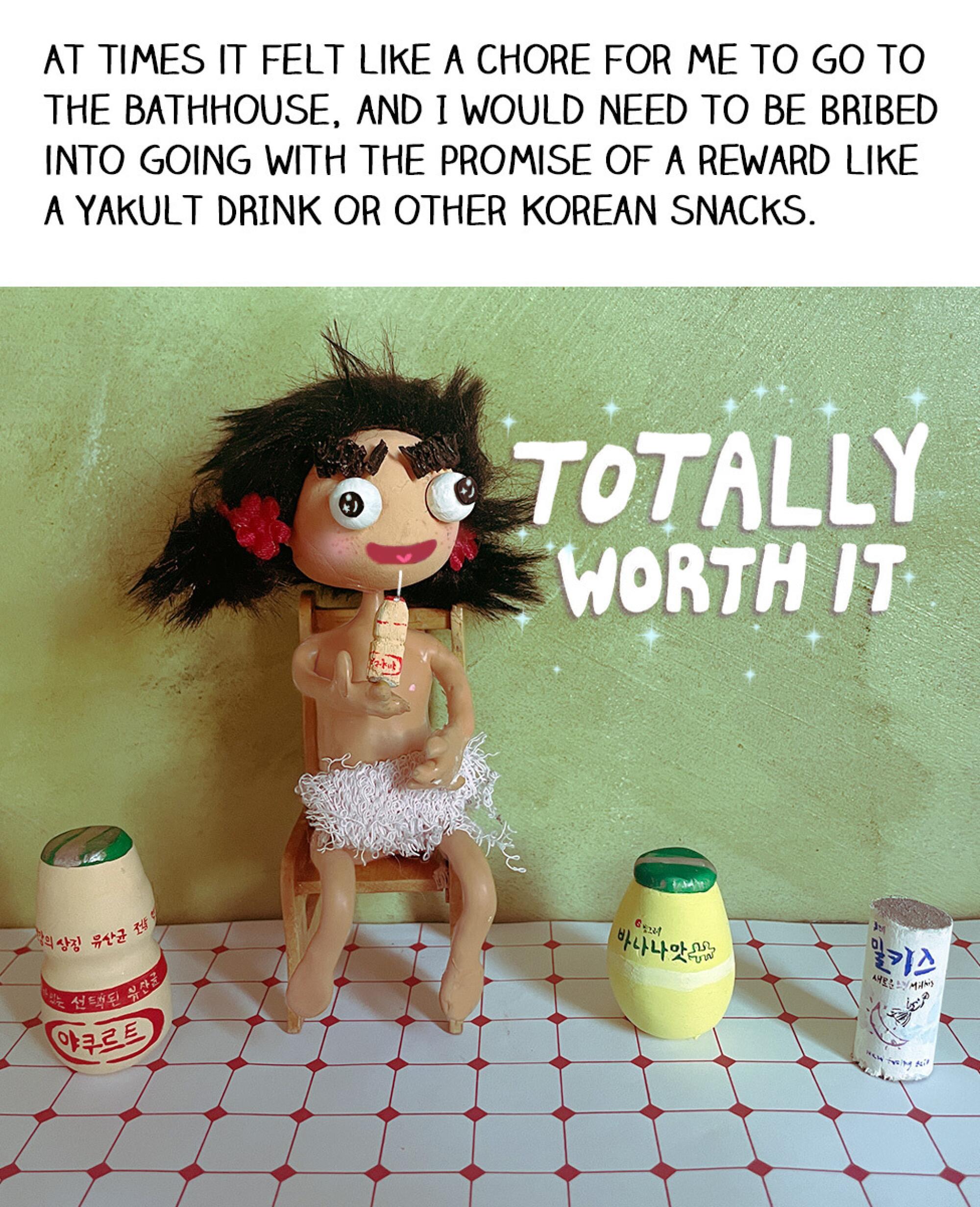 A child puppet surrounded by different yogurt beverages while drinking one.