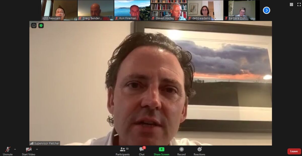 San Diego County Supervisor Nathan Fletcher speaks at the Sept. 1 Bird Rock Community Council meeting online.