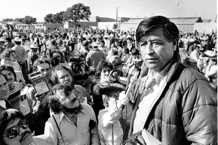 Cesar Chavez talks to striking Salinas Valley farmworkers during a large rally in Salinas, Calif., on March 7, 1979.