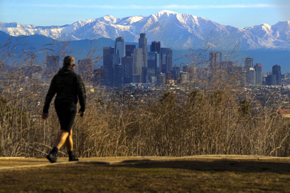 The downtown L.A. skyline and snowy mountains.