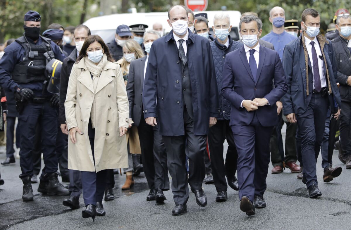 Paris Mayor Anne Hidalgo, French Prime Minister Jean Castex and Interior Minister Gerald Darmanin