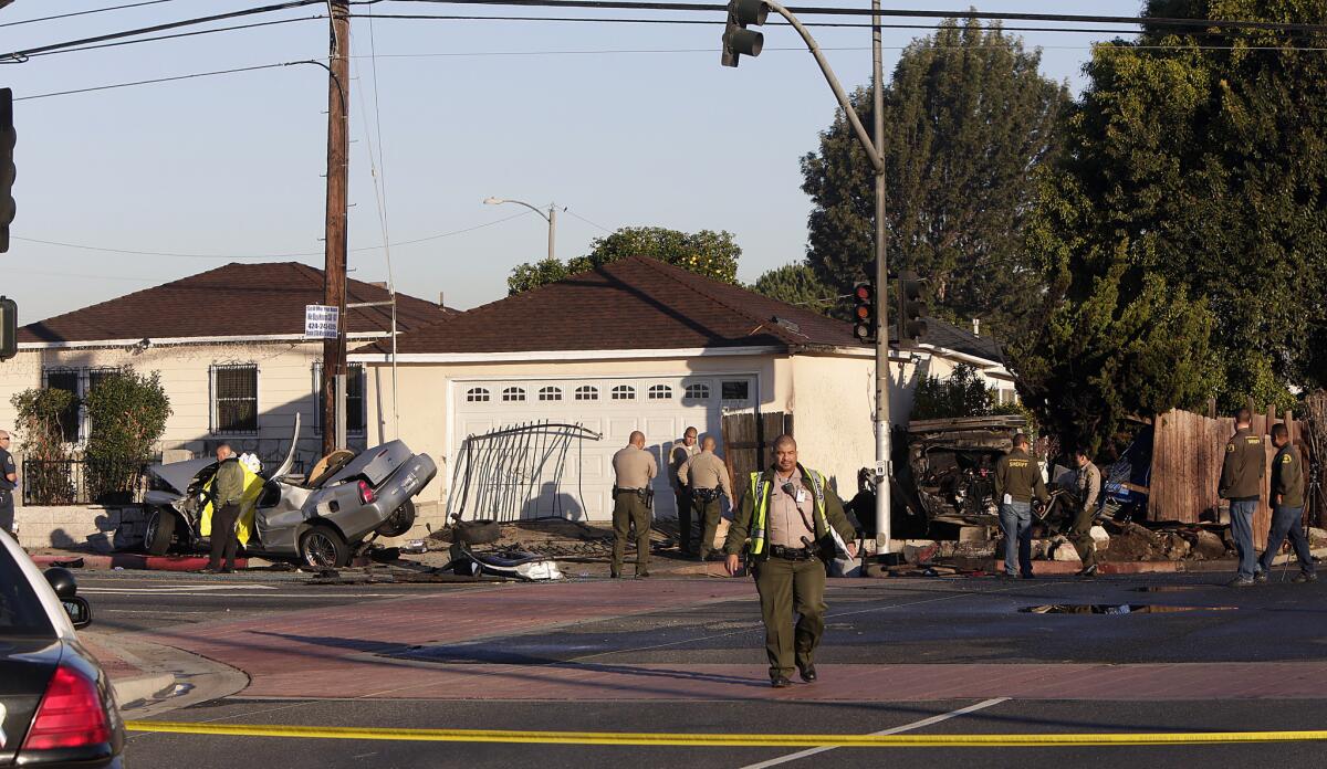 Four people were killed after a sedan being pursued by sheriff's deputies collided with another vehicle at the intersection of South Wilmington Avenue and West Greenleaf Boulevard in Compton, authorities said.