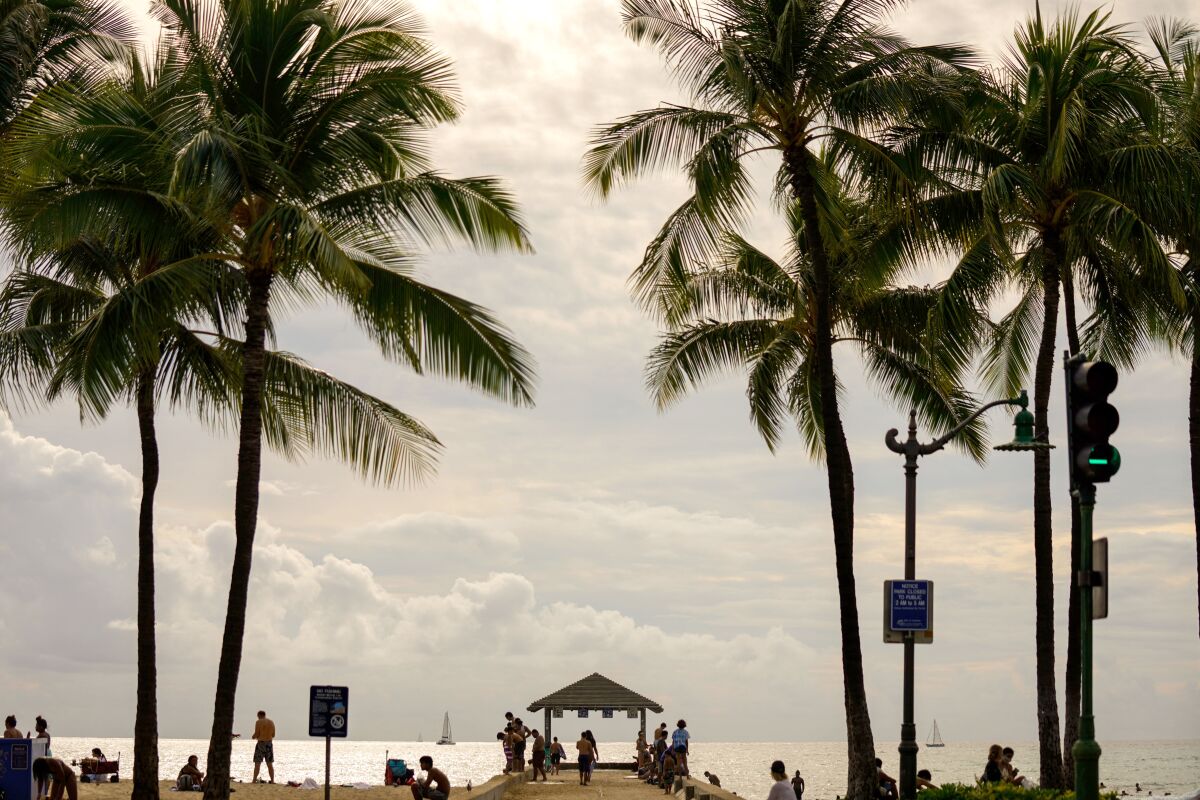 People enjoy the beach at Honolulu's Waikiki Wall, known as Kapahulu groin.
