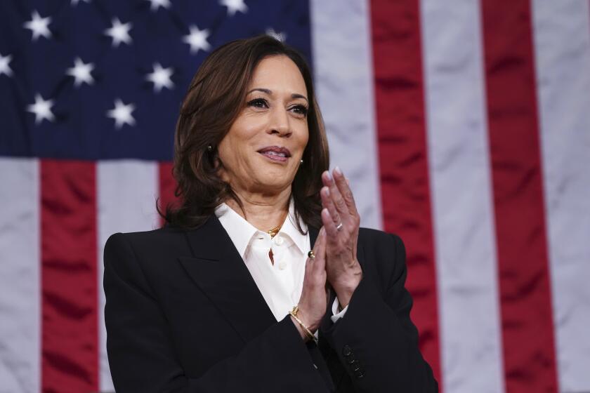 Vice President Kamala Harris claps before President Joe Biden delivers the State of the Union address to a joint session of Congress at the Capitol, Thursday, March 7, 2024, in Washington. (Shawn Thew/Pool via AP)