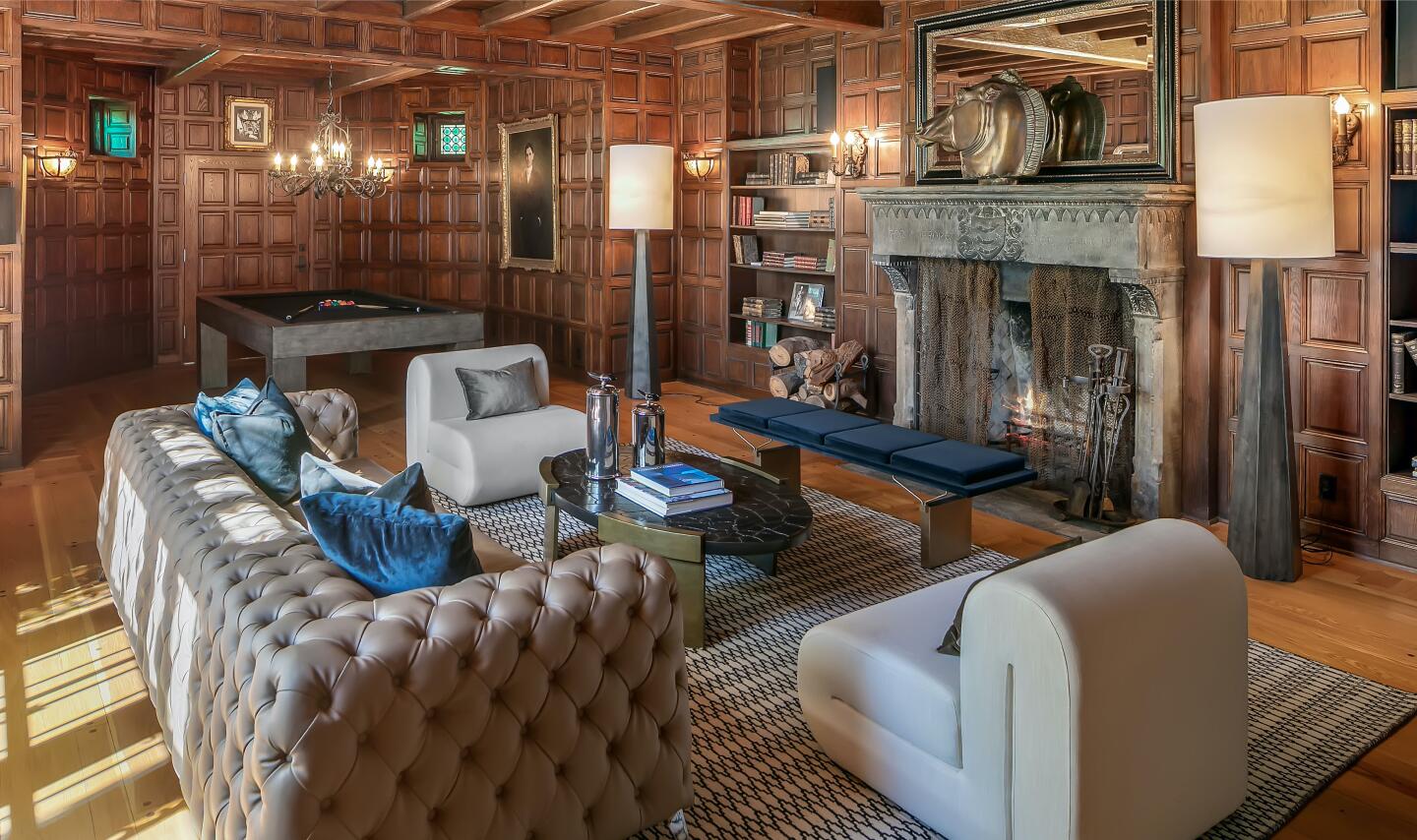 The wood-paneled lounge.